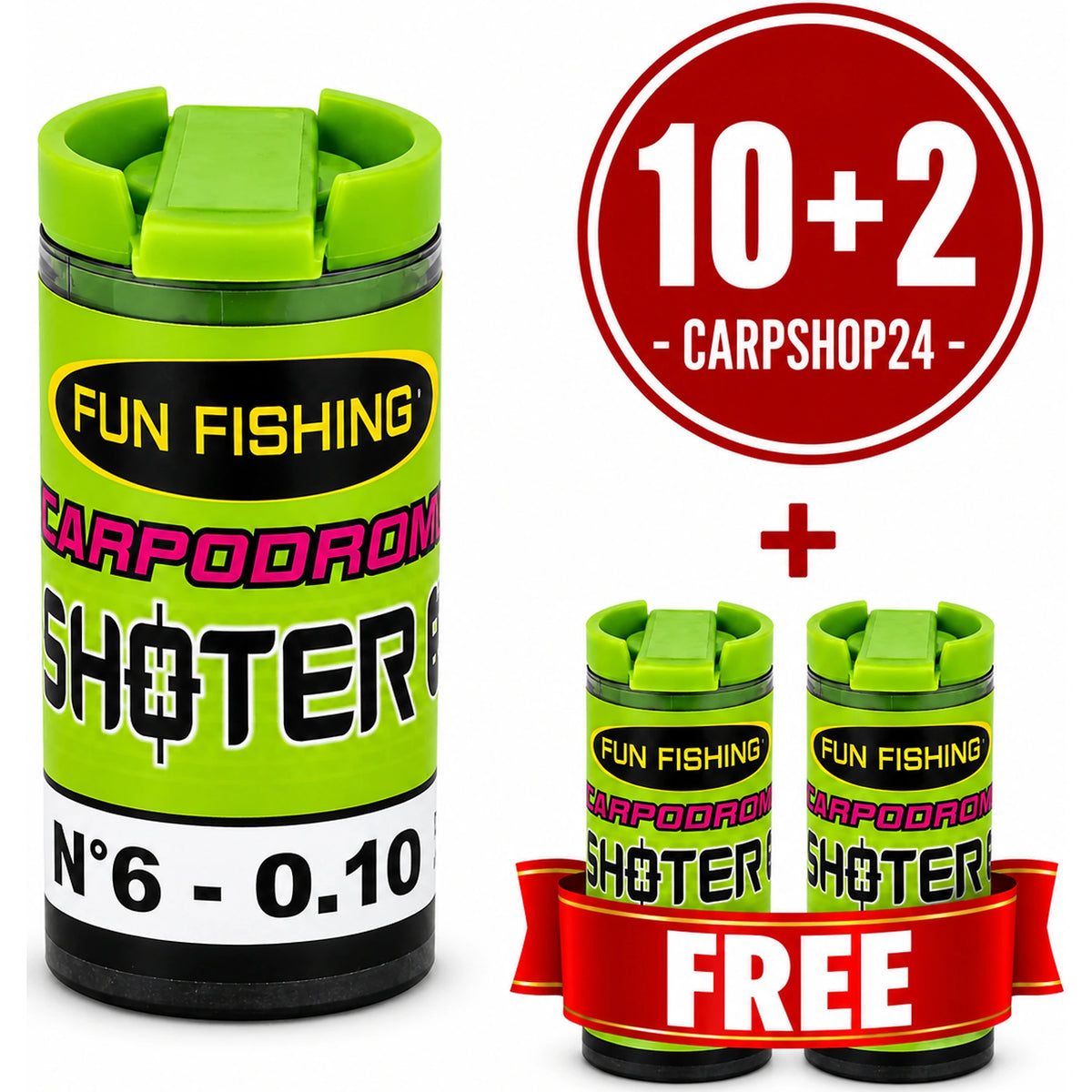 Fun Fishing Shoter – drie groene navulverpakkingen met 10+2-actiebadge en rood FREE-lint.