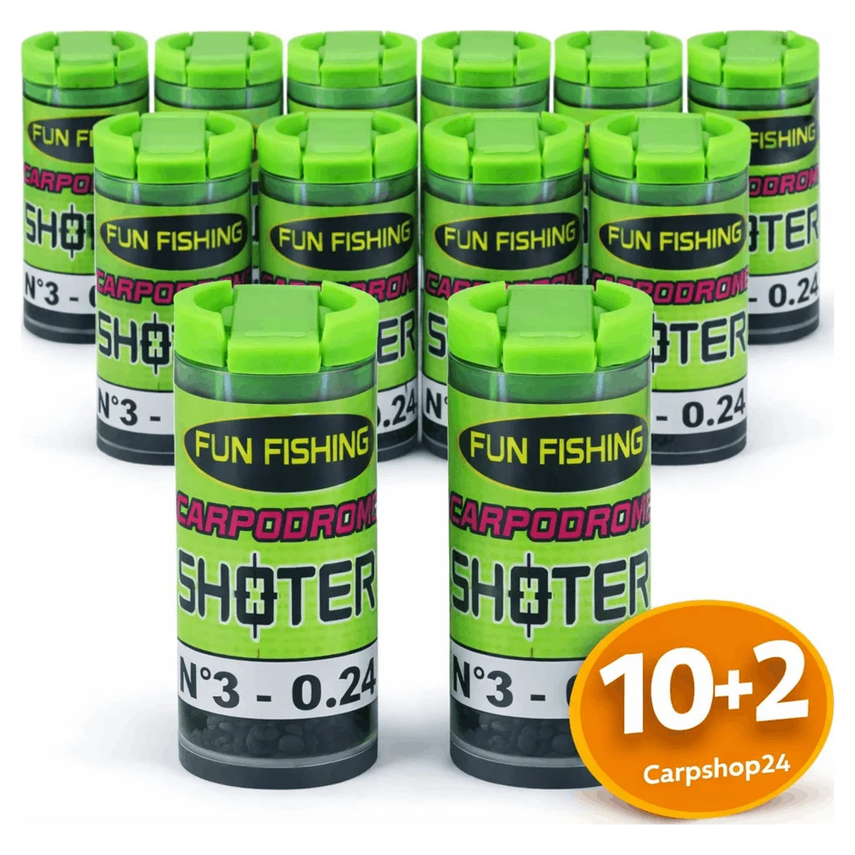 Fun Fishing Shoter 10+2 – overzicht van twaalf navuldoosjes met groene doppen en actiebadge