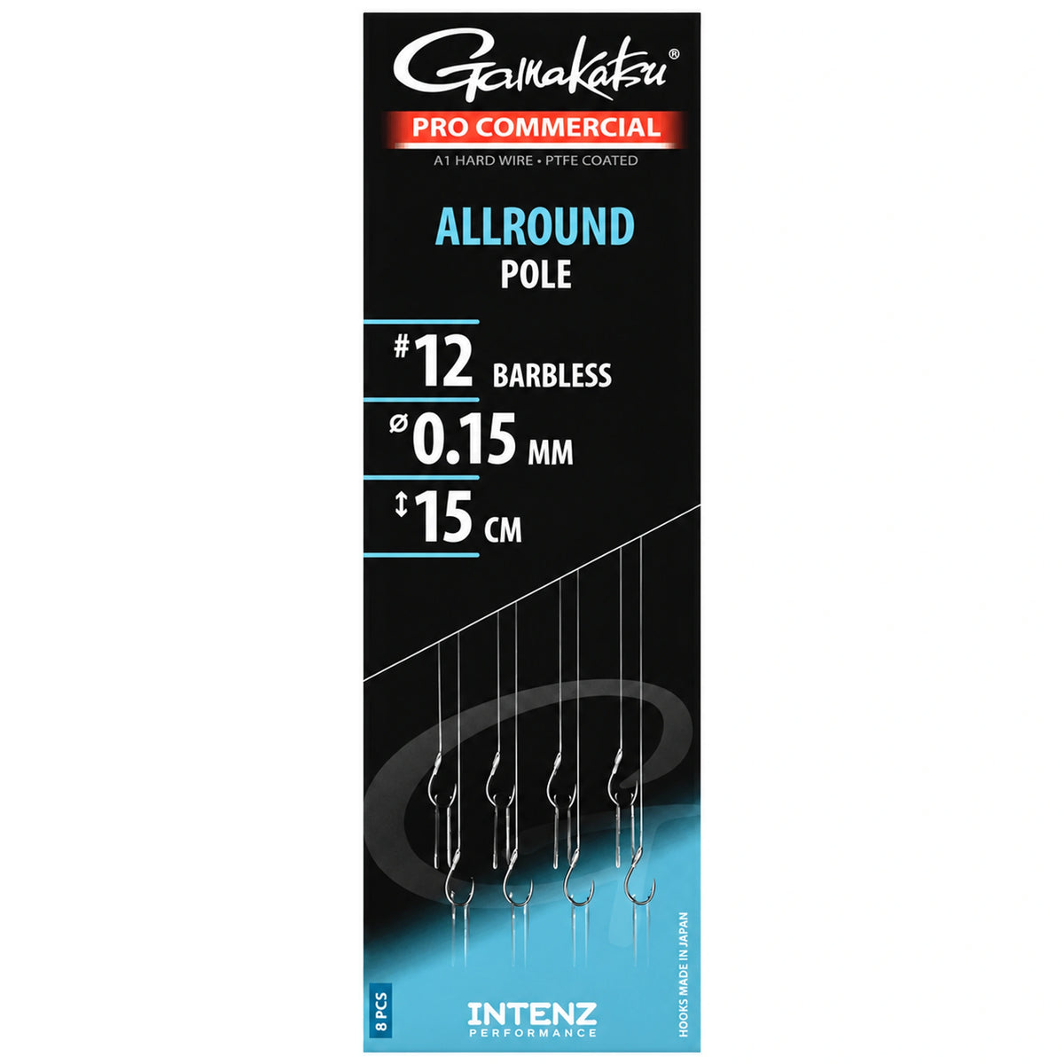 Gamakatsu Pro Commercial Allround Pole Barbless onderlijnen, haak 12, 0,15 mm en 15 cm, in zwart-blauwe verpakking