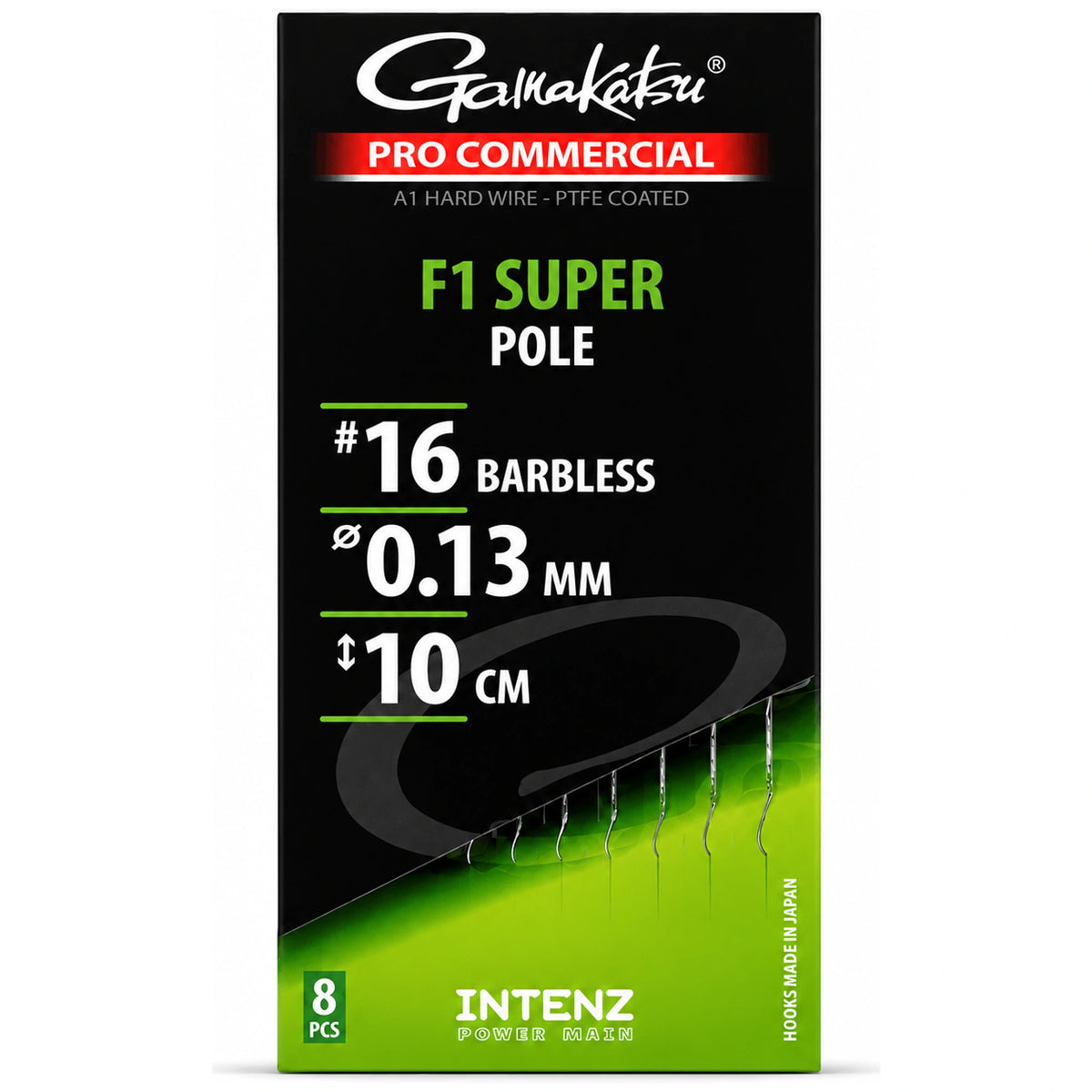 Gamakatsu Pro Commercial F1 Super Pole Barbless onderlijnen, haak 16, 0,13 mm en 10 cm, in zwart-groene verpakking