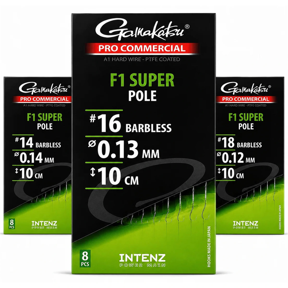 Gamakatsu Pro Commercial F1 Super Pole Barbless: drie verpakkingen met haakmaten 14, 16 en 18 en onderlijnen van 10 cm