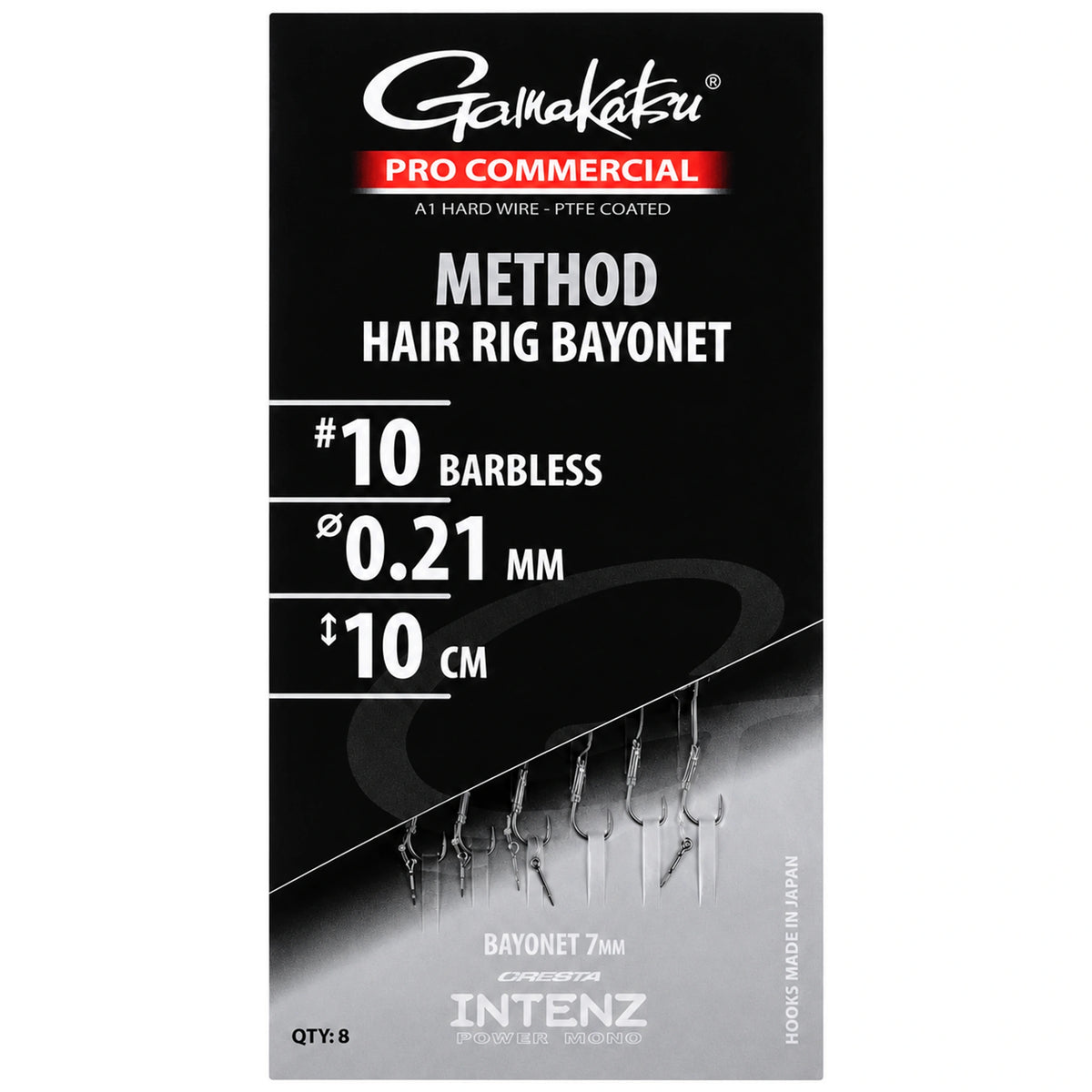 Gamakatsu Method Hair Rig Bayonet onderlijnen, haak 10, 0,21 mm en 10 cm, met 7 mm bayonets in zwart-grijze verpakking