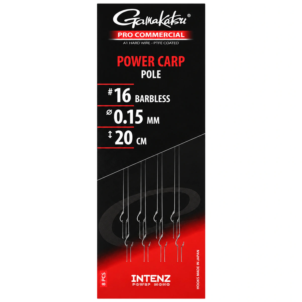 Gamakatsu Pro Commercial Power Carp Pole Barbless onderlijnen, haak 16, 0,15 mm en 20 cm, in zwart-rode verpakking