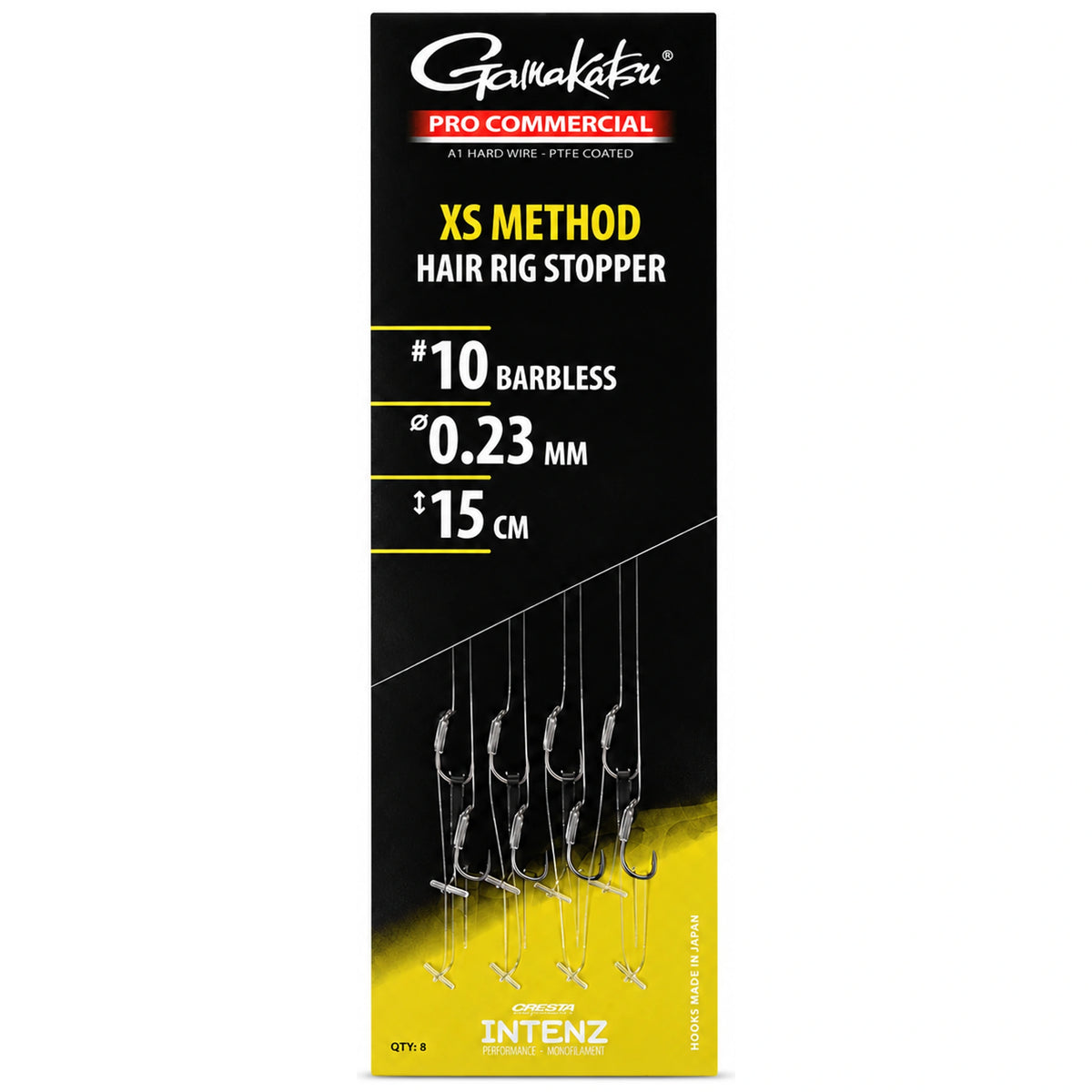 Gamakatsu XS Method Hair Rig Stopper onderlijnen, haak 10, 0,23 mm en 15 cm, met transparante stops in zwart-gele verpakking