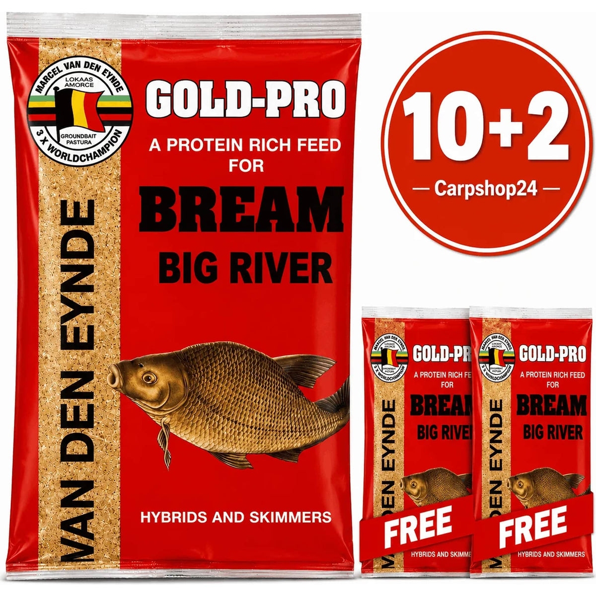 Rode Gold-Pro Bream Big River-zak met brasemafbeelding, twee kleine zakken met FREE-lint en ronde 10+2-badge.