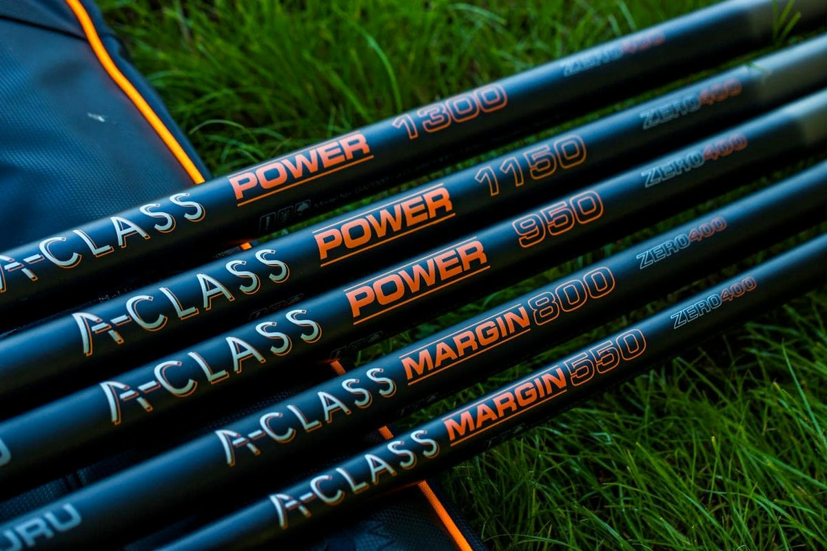 Guru A-Class hengelreeks – detail van de originele Power- en Margin-modelopdruk op de hengelblanks