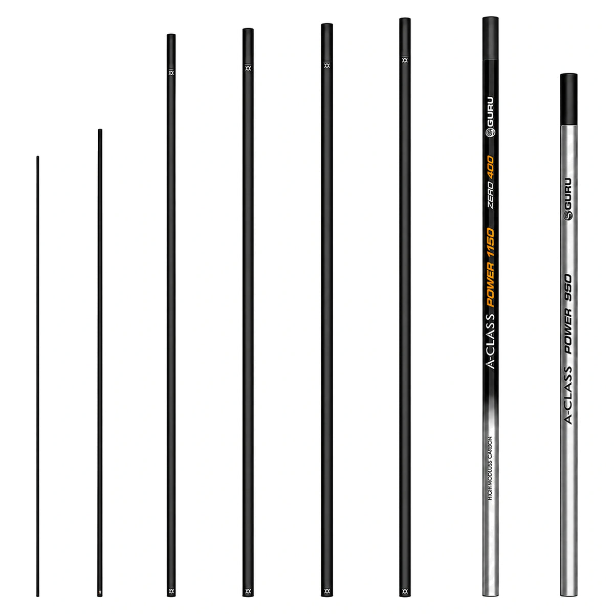 Guru A-Class 11,5 m Power Pole Pack – hengeldelen en zilverkleurige extension naast elkaar op wit