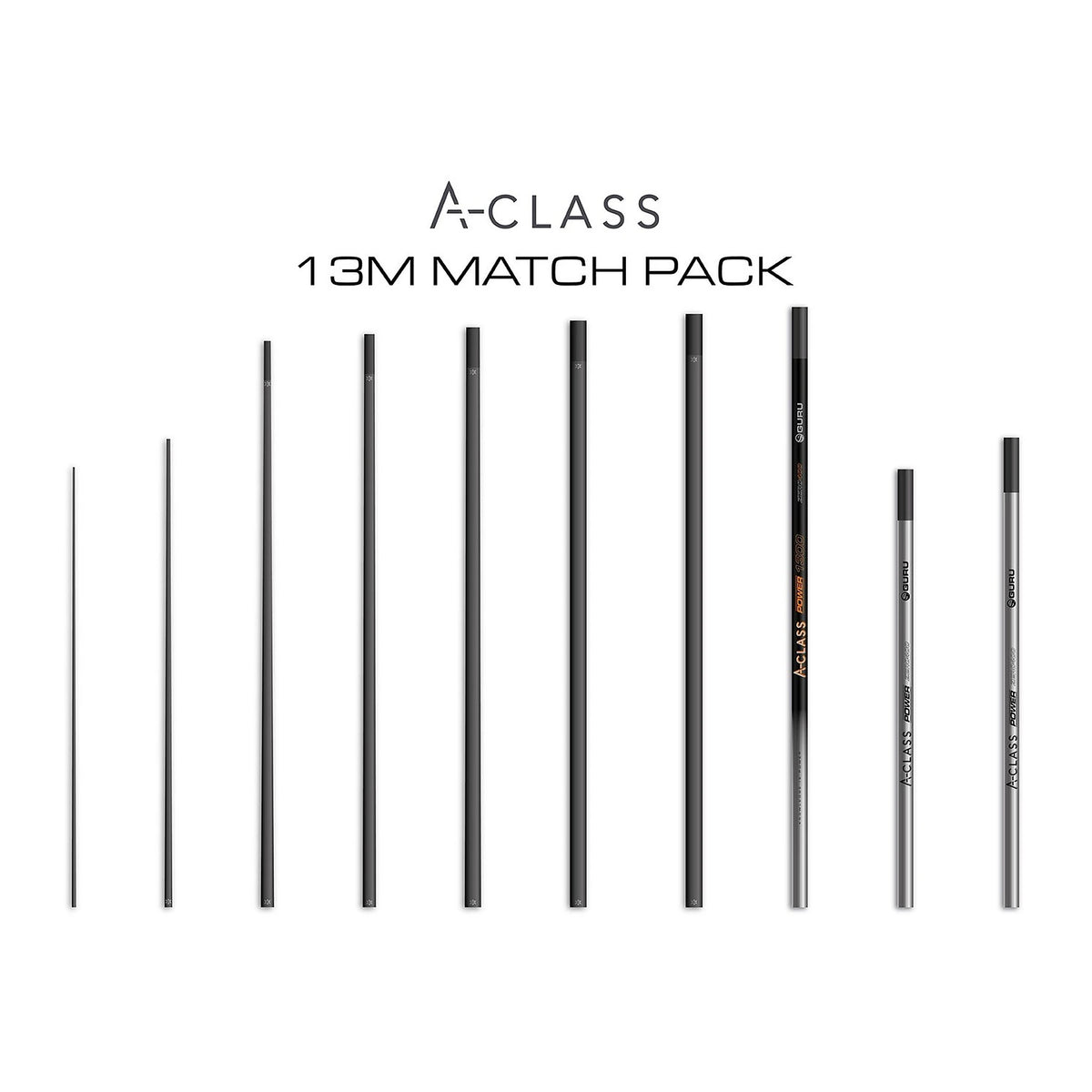Guru A-Class 13 m Match Pole Pack – alle tien hengeldelen op witte achtergrond
