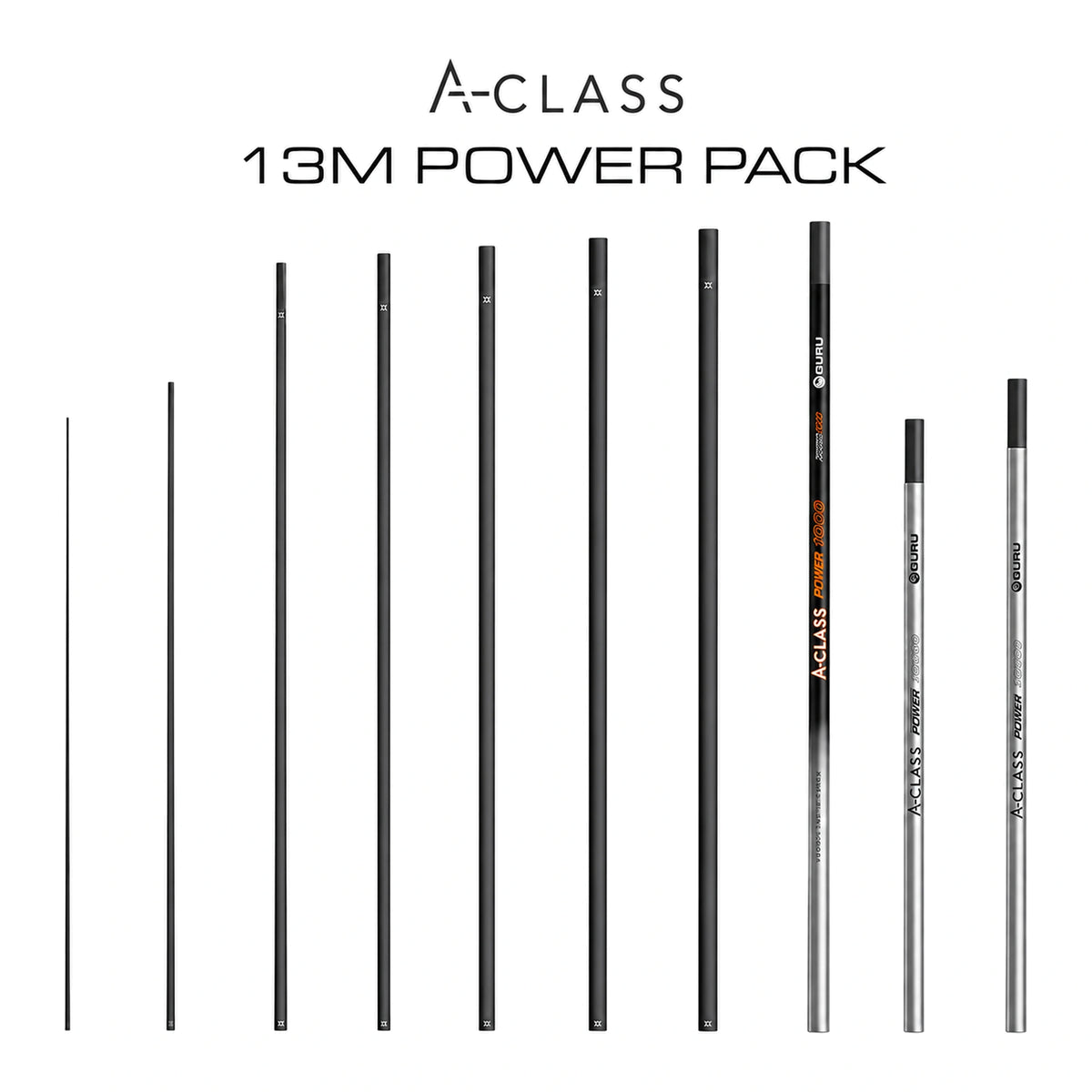 Guru A-Class 13m Power Pole Pack met tien hengeldelen en A-Class 13M Power Pack-opdruk