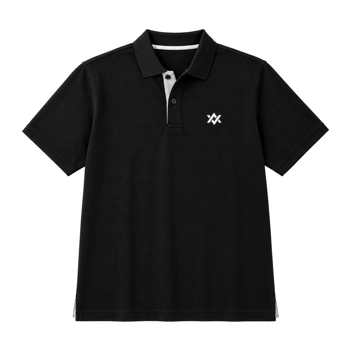 Guru Aventus Polo Black/Grey – voorkant van het zwarte poloshirt met grijze knopenlijst en wit borstlogo