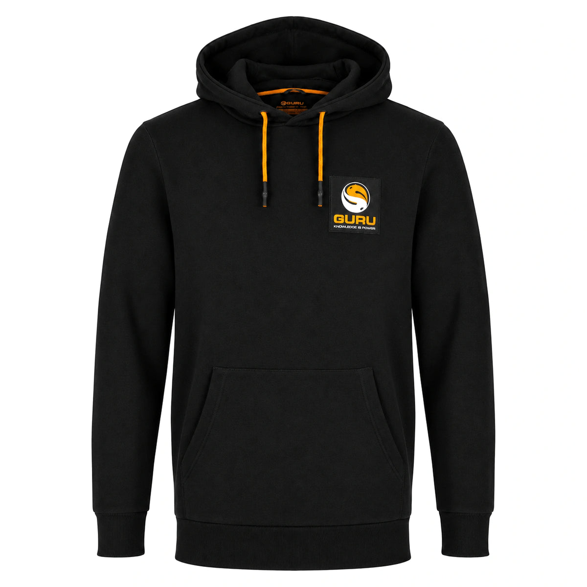 Guru Black Patch Hoodie – vooraanzicht van de zwarte hoodie met oranje koorden en Guru-borstpatch