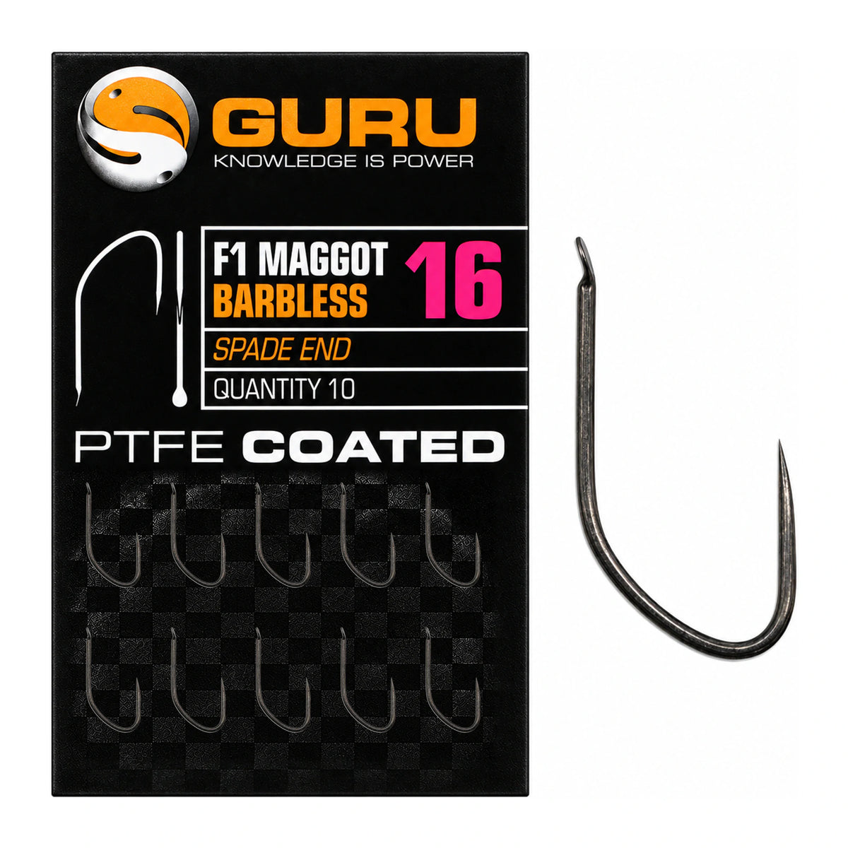 Guru F1 Maggot Barbless Spade End maat 16 met verpakking, tien haken en losse haak