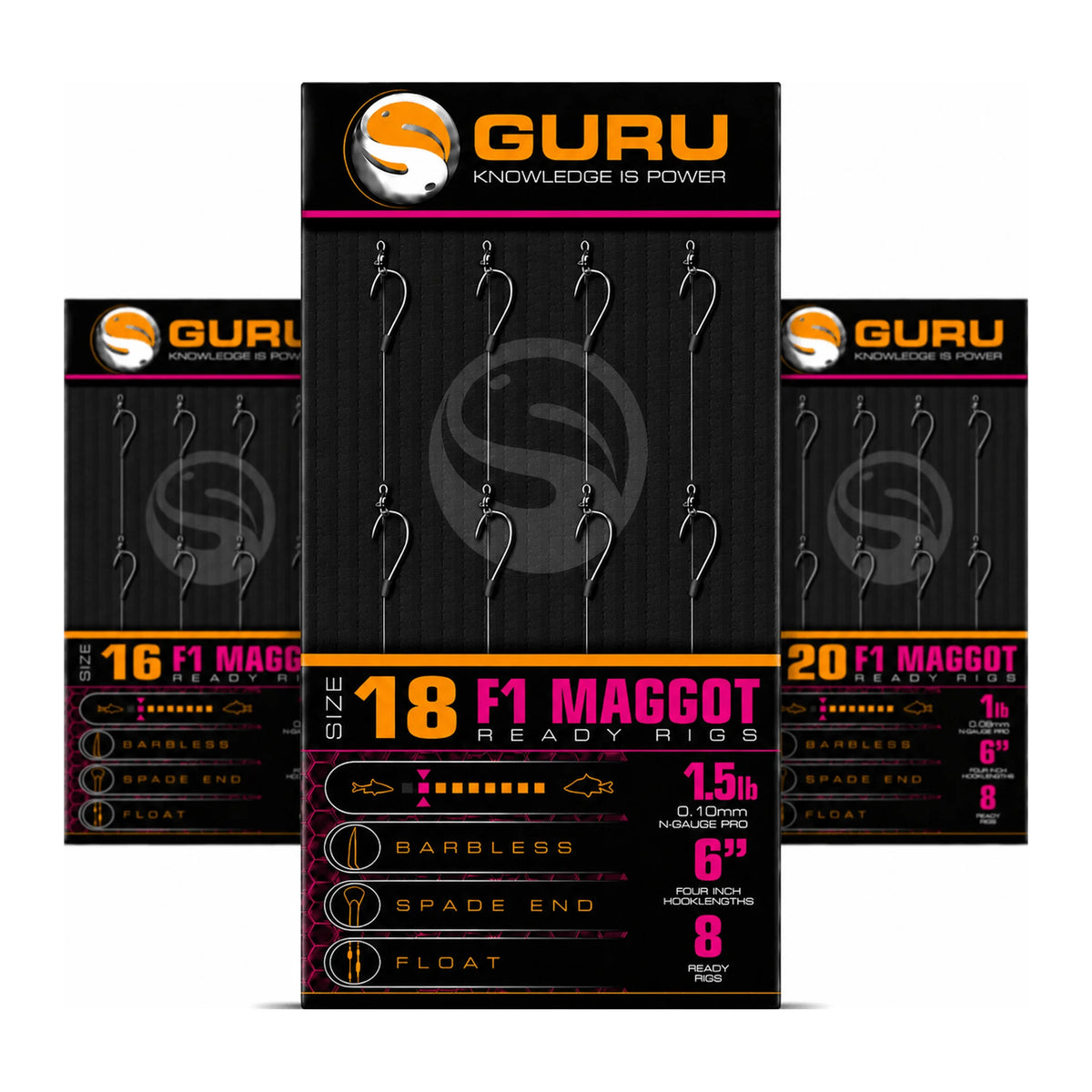 Guru F1 Maggot Ready Rigs 6 inch – oorspronkelijk overzicht met maat 18 vooraan en maat 16 en 20 erachter