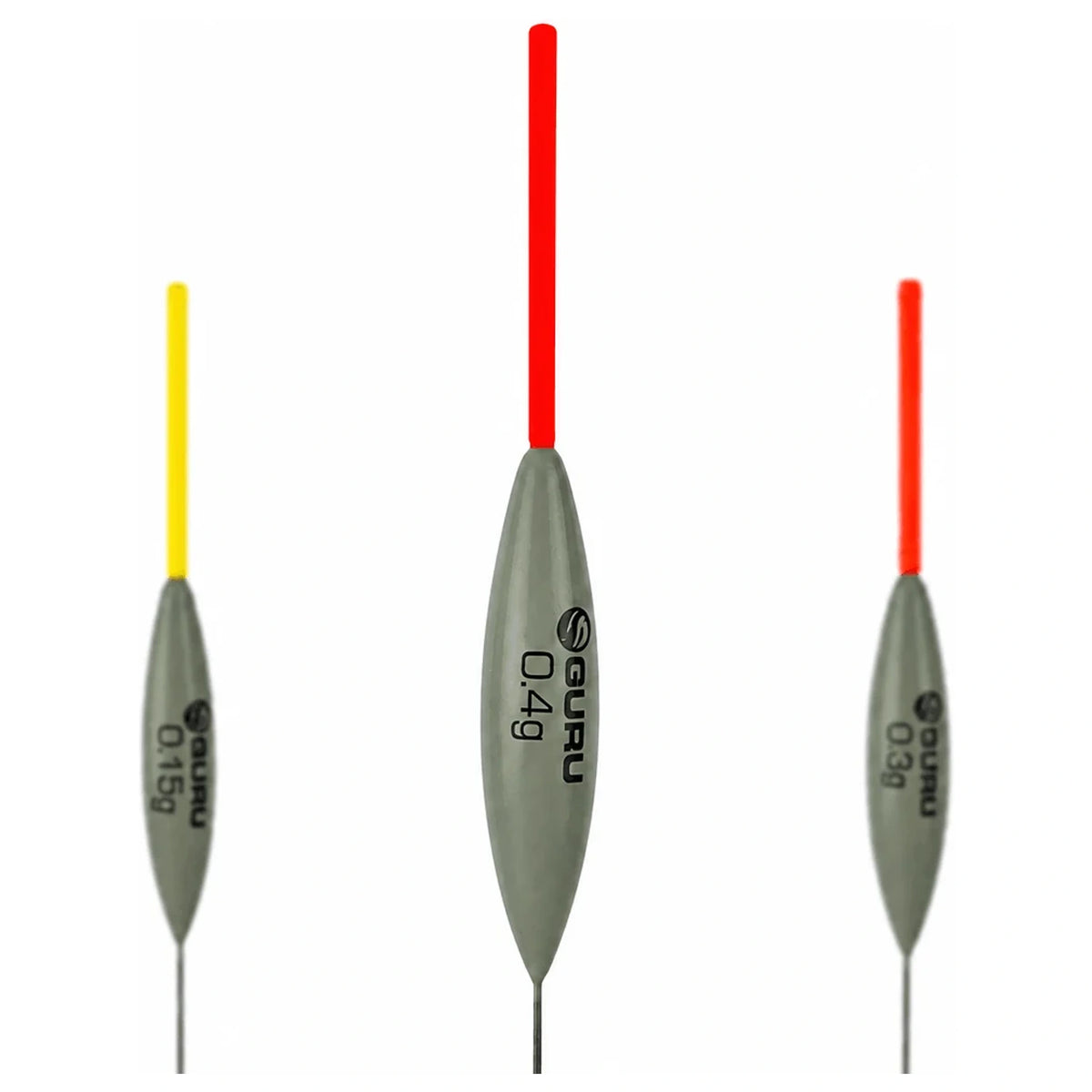 Guru F1 Wire Stem dobbers met centraal een rode antenne en 0,4 g opdruk, links een gele antenne en rechts een rode antenne