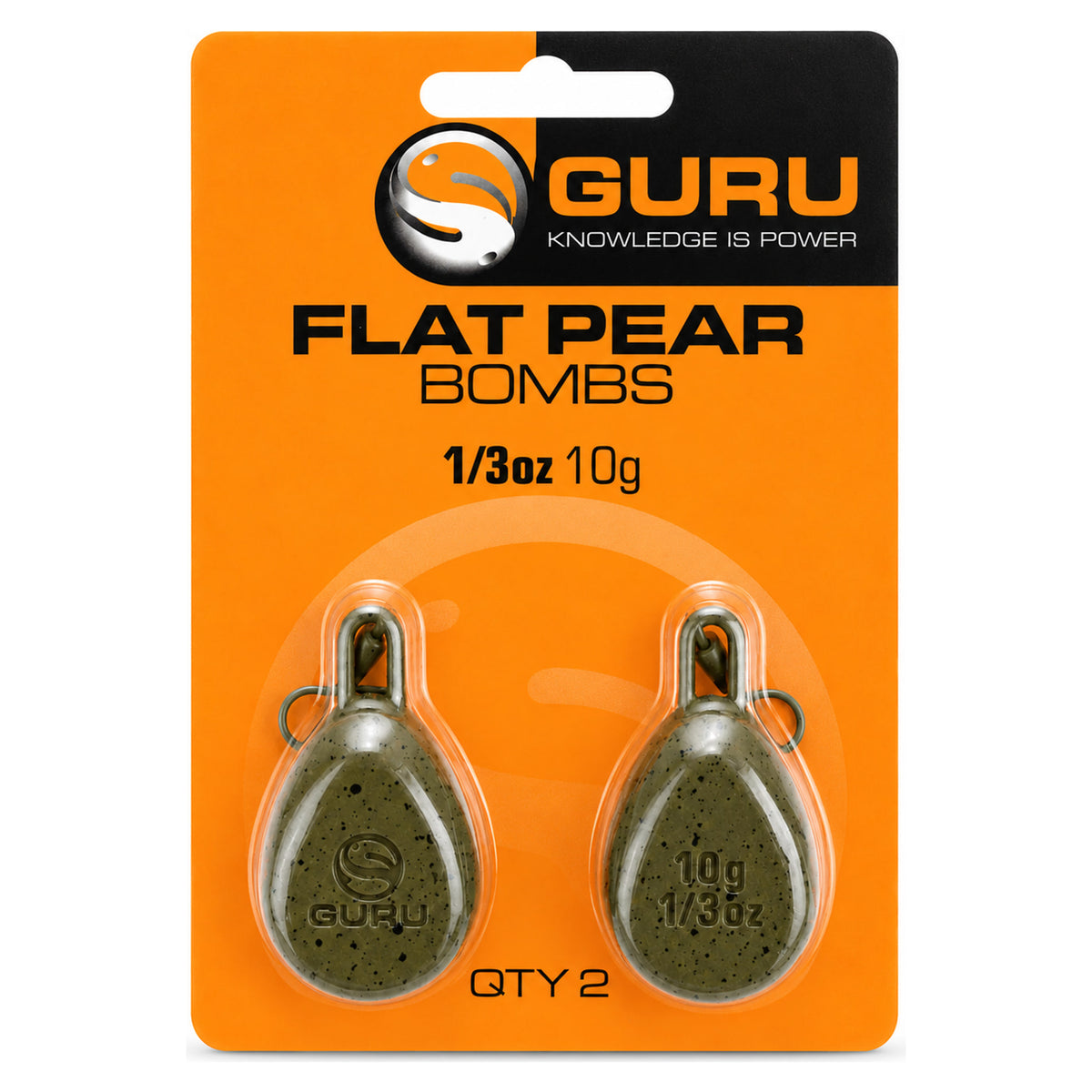Guru Flat Pear Bombs 10 g – 1/3 oz: oranje blisterverpakking met twee olijfgroene wartelloden