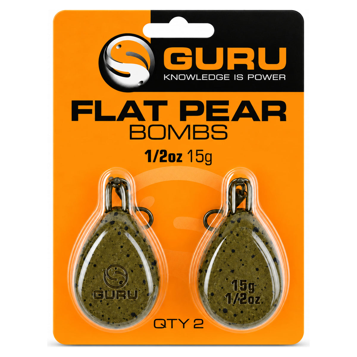 Guru Flat Pear Bombs 15 g – 1/2 oz: oranje blisterverpakking met twee gespikkelde wartelloden