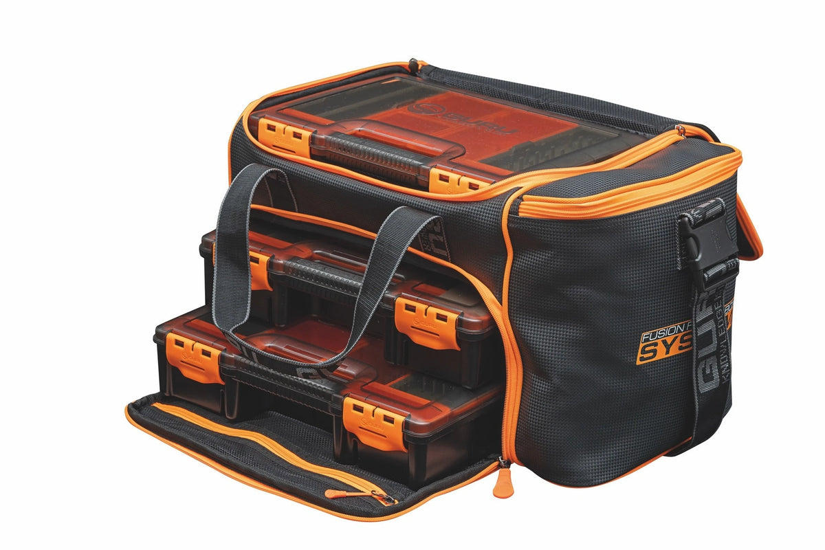 Guru Fusion Feeder Box System Bag – overzicht van tas met geopende vakken en feederboxen