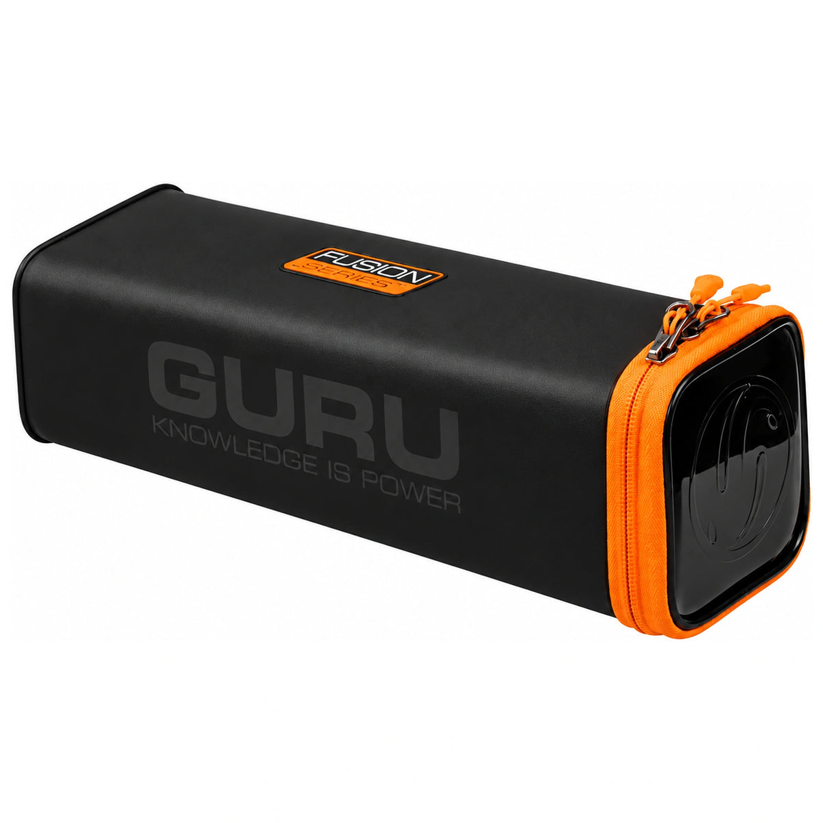 Zwarte Guru Fusion-hardcase schuin van voren met oranje ritssluiting en glanzend uiteinde