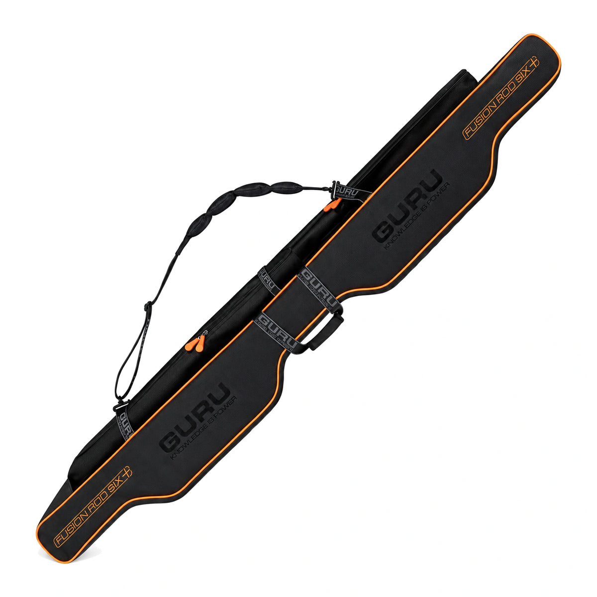 Guru Fusion Rod 6 Plus – zwart hengelfoudraal diagonaal met oranje biezen, draagriem en Guru-opdruk