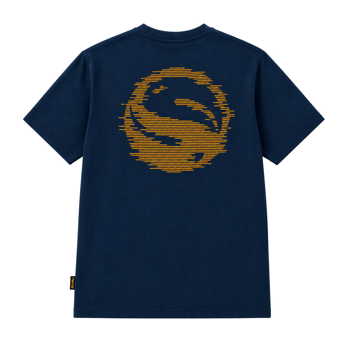 Guru Glitch Navy Tee – achterzijde van het marineblauwe T-shirt met groot oranje glitchlogo