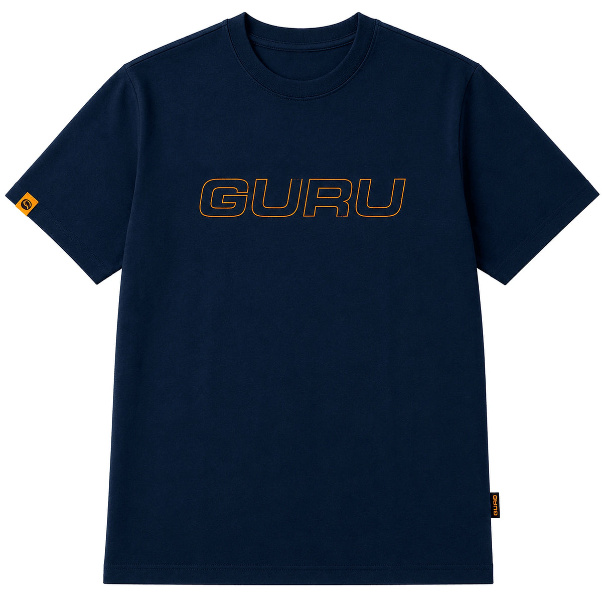 Guru Glitch Navy Tee – vooraanzicht van het marineblauwe T-shirt met oranje Guru-borstlogo en mouwlabel