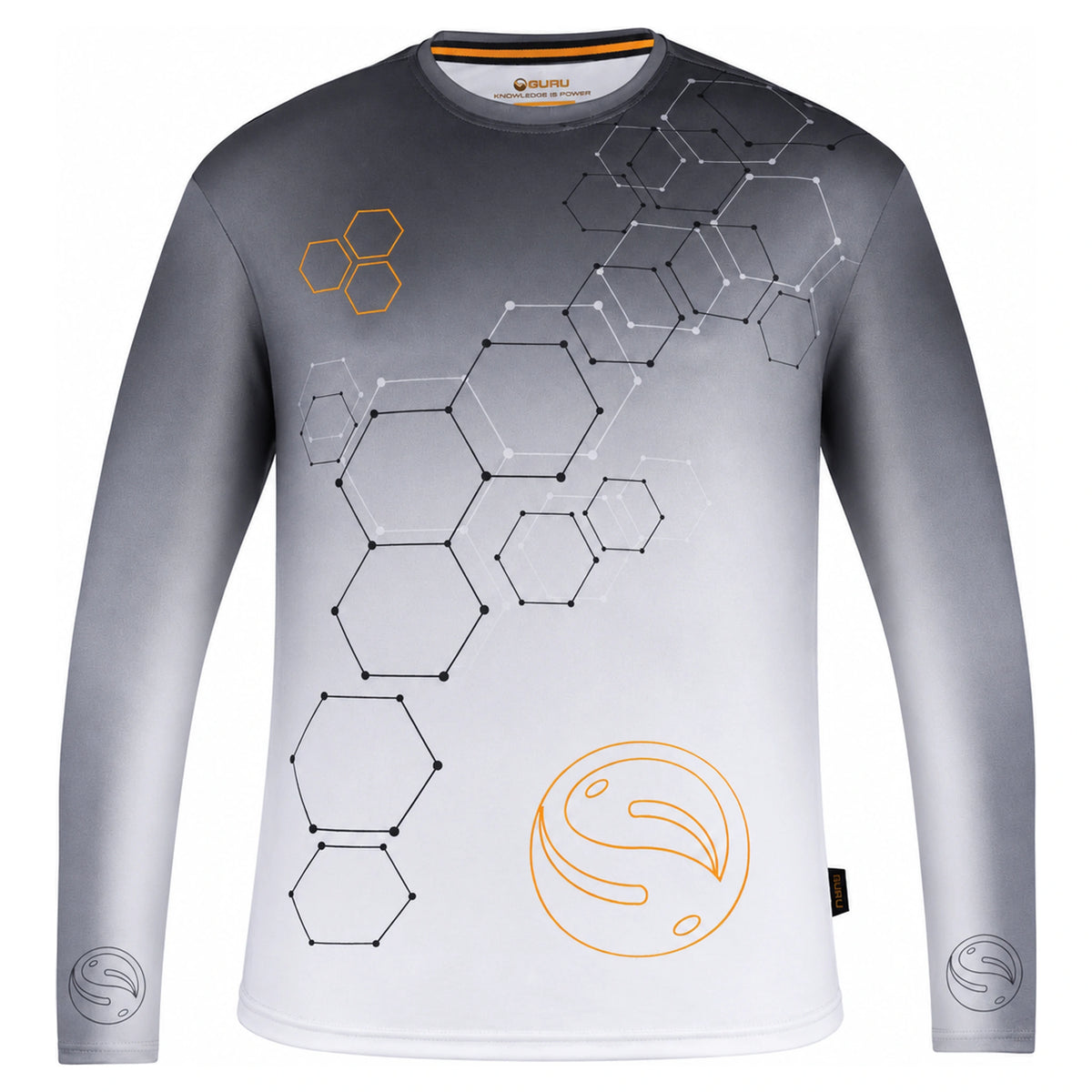 Grijs Guru Hexagon-shirt met lange mouwen, zeshoekpatroon en oranje logo op de voorzijde