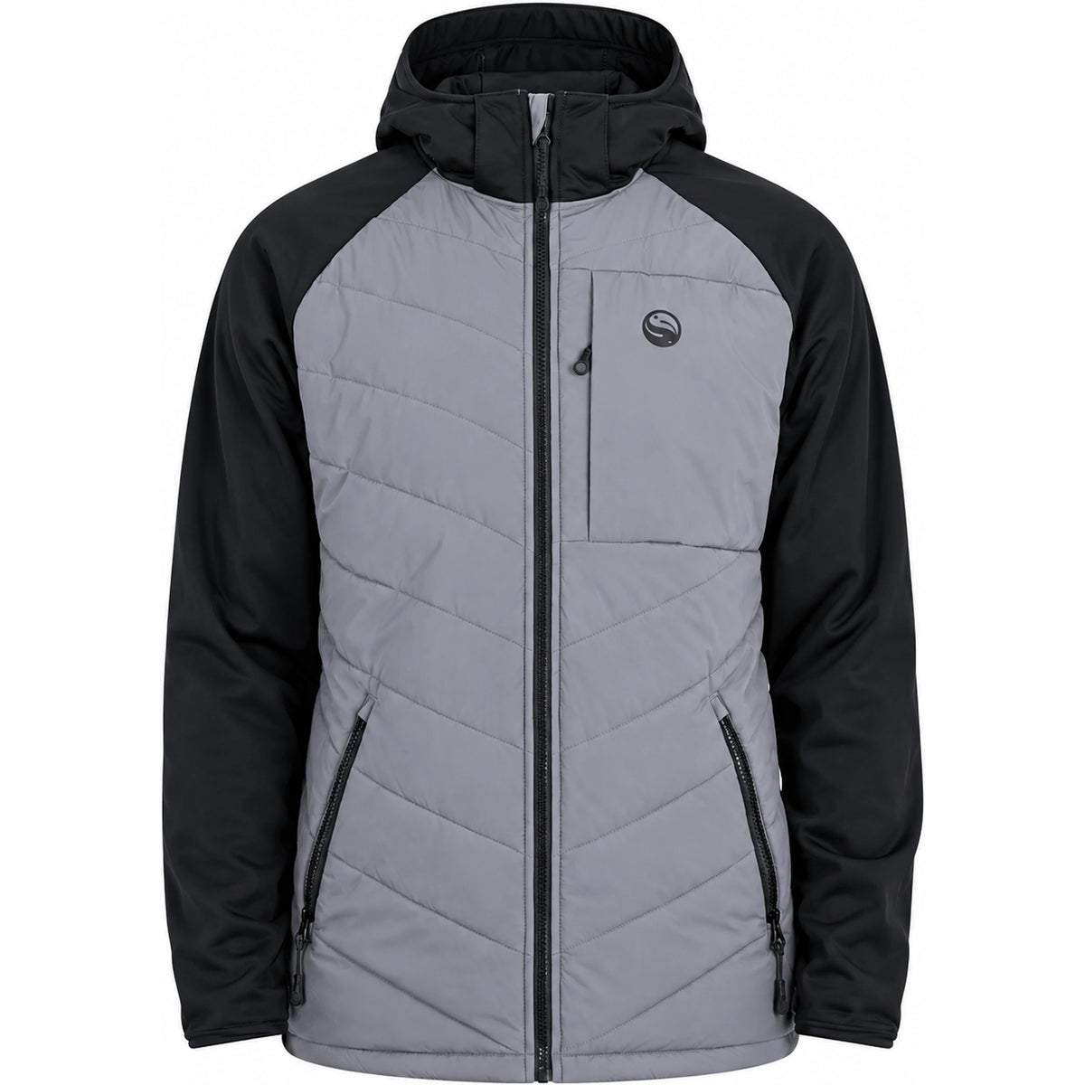 Guru Hybrid Charcoal Jacket – voorzijde van grijs-zwarte jas met capuchon en ritszakken