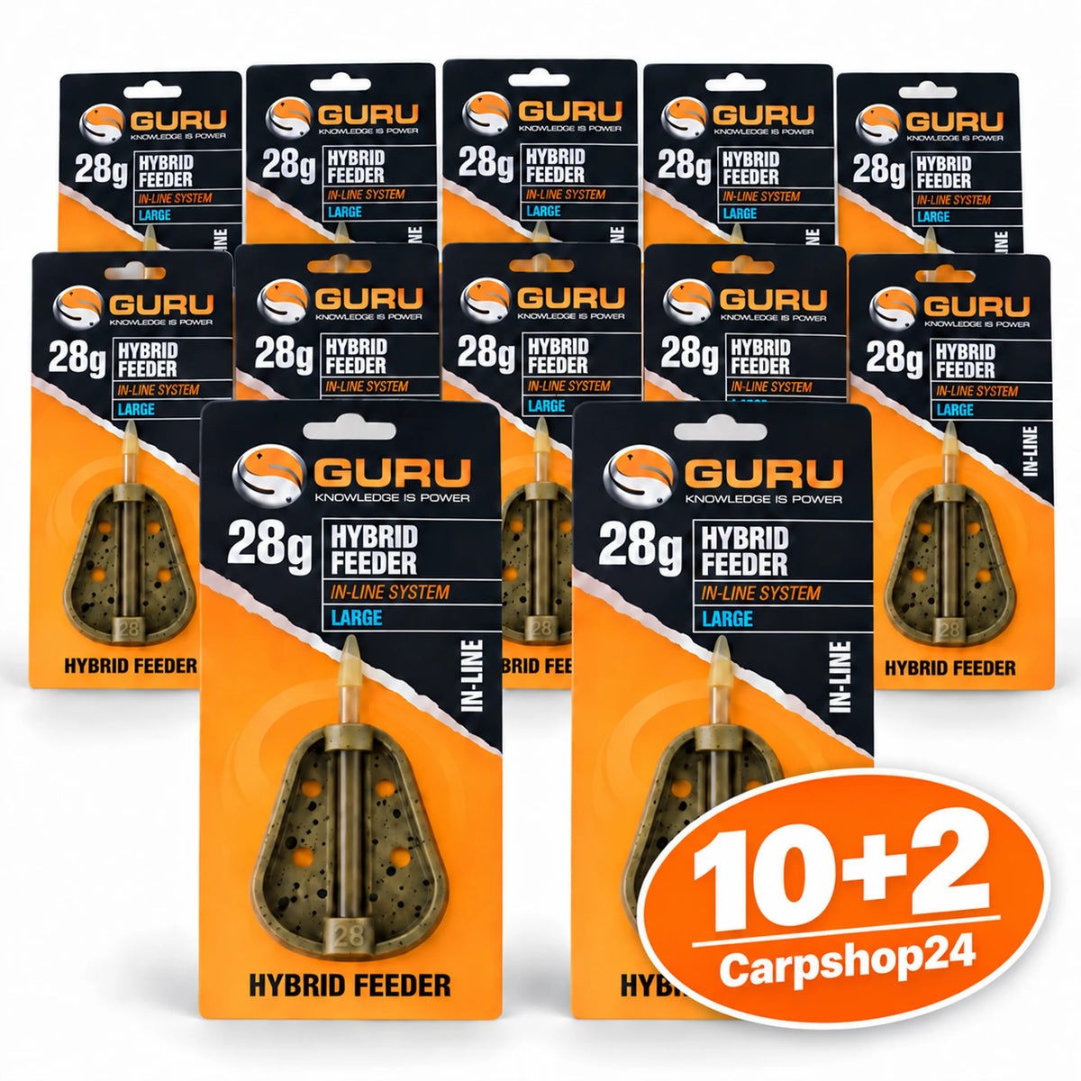 Guru Hybrid Feeder In-line System 10+2 pakketdeal – 12 verpakkingen, grote Carpshop24-badge; voorbeeld afgebeeld: 28g Large