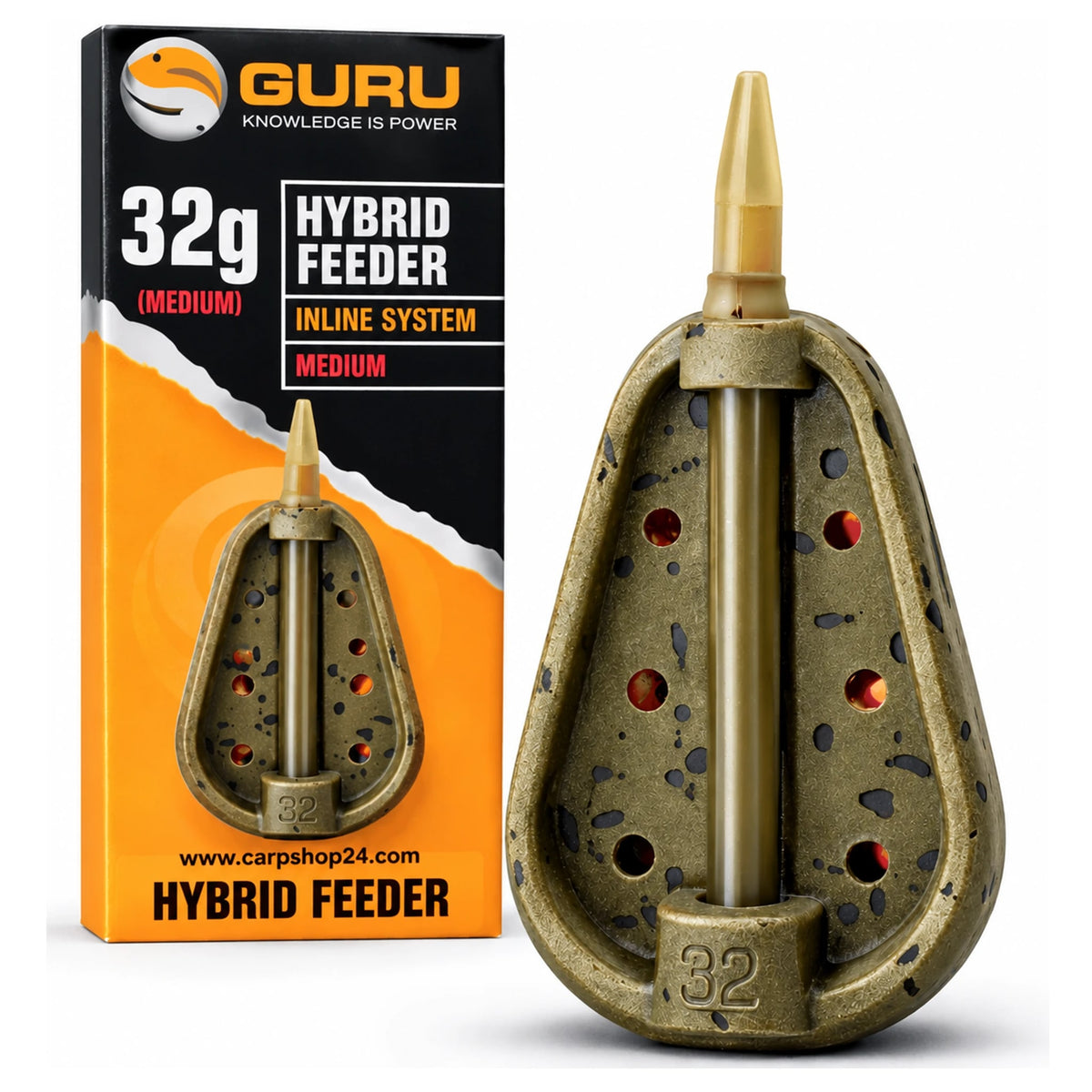 Guru Hybrid Feeder Inline System Medium 32g – feeder naast de verpakking