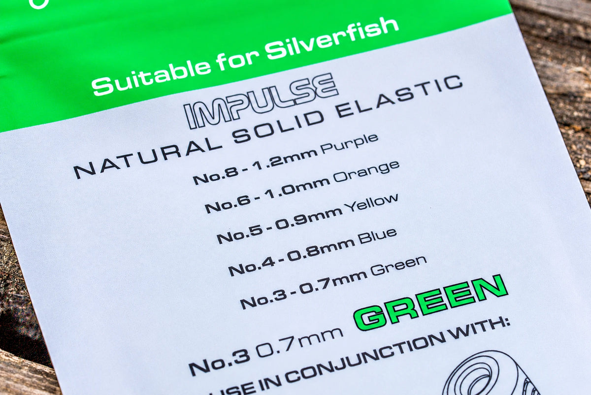 Achterzijde Guru Impulse Natural Solid Elastic Green met overzicht van de vijf maten en kleuren