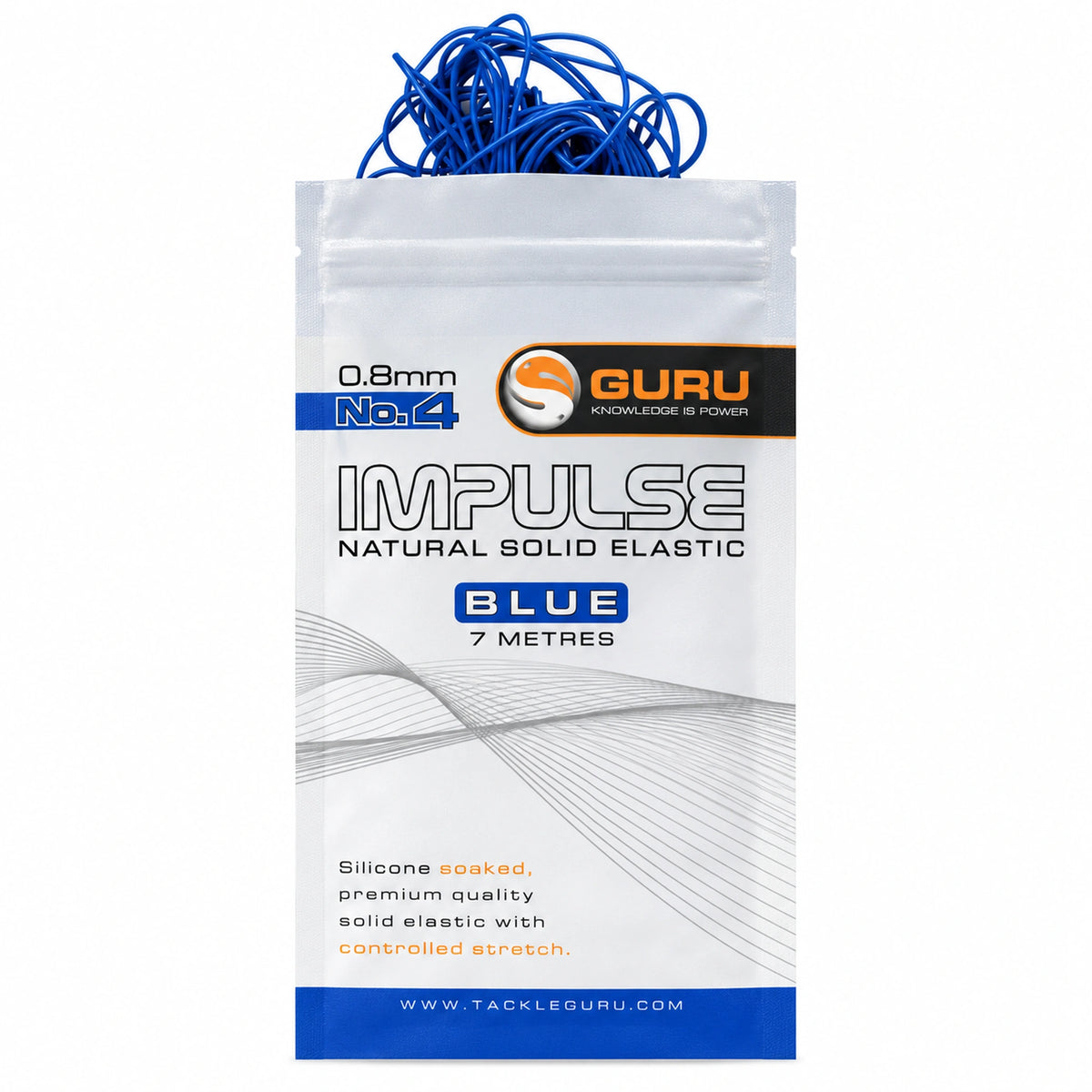 Guru Impulse Natural Solid Elastic Blue 0.8 mm No.4: verpakking met blauw elastiek, 7 meter