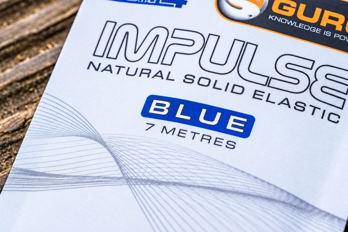 Detail van de blauwe Guru Impulse Natural Solid Elastic verpakking met 7 meter aanduiding