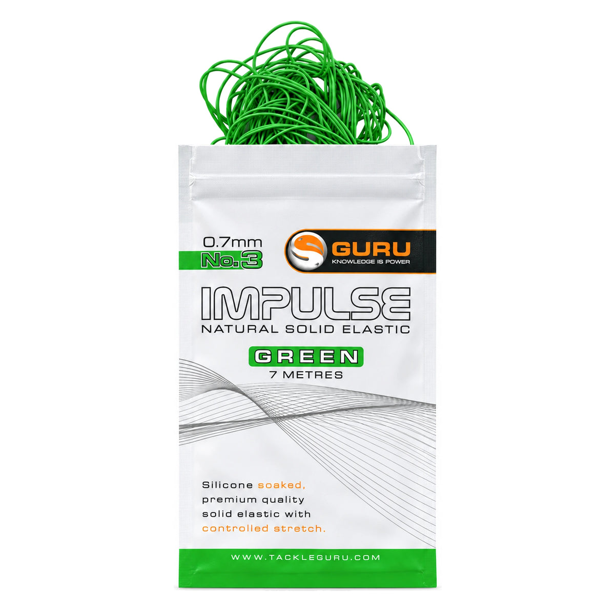 Guru Impulse Natural Solid Elastic Green 0.7 mm No.3: volledige verpakking met groen elastiek en 7 meter opdruk