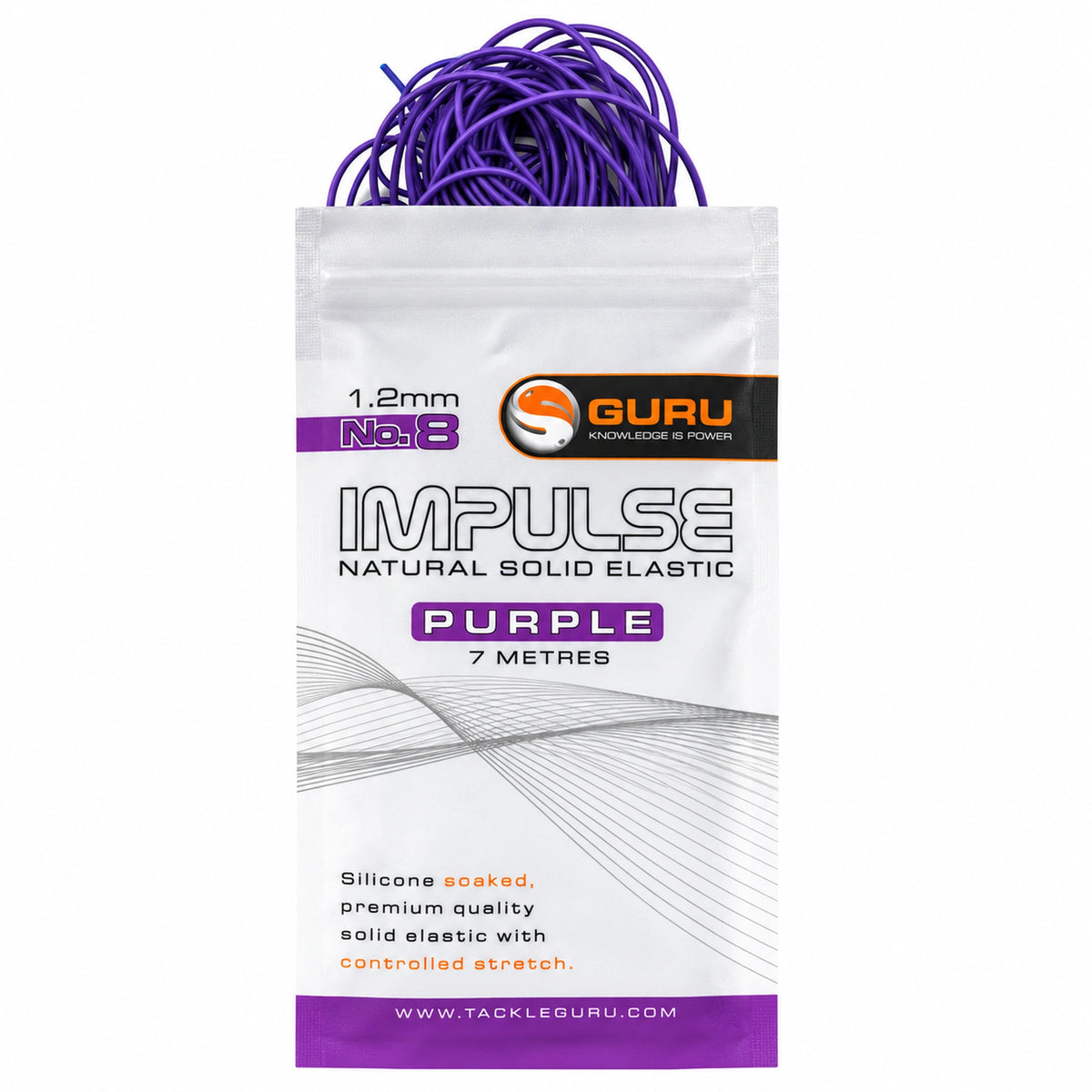 Guru Impulse Natural Solid Elastic Purple 1.2 mm No.8: verpakking met paars elastiek, 7 meter