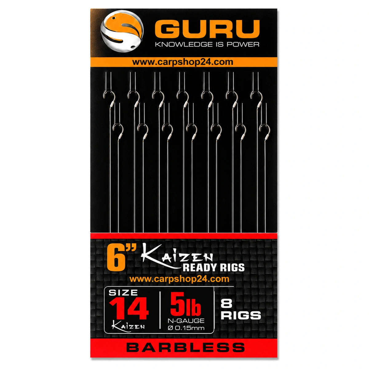 Guru Kaizen Ready Rigs maat 14 – weerhaakloze onderlijnen van zes inch