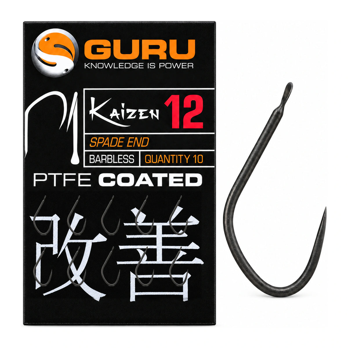 Guru Kaizen Spade End Barbless maat 12 met verpakking, tien haken en losse haak