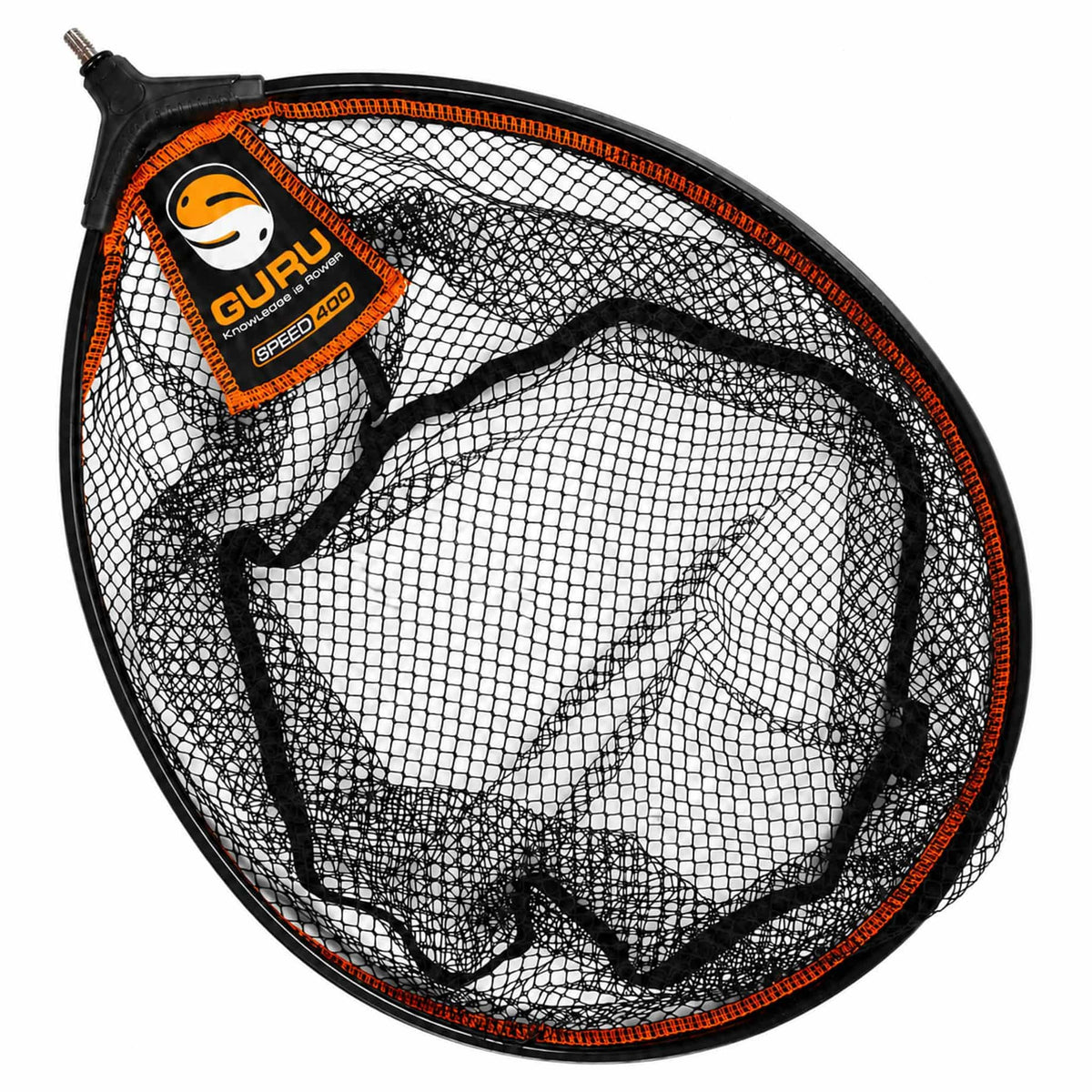 Guru Landing Net Speed – schepnet met zwart gaas en oranje stiksel