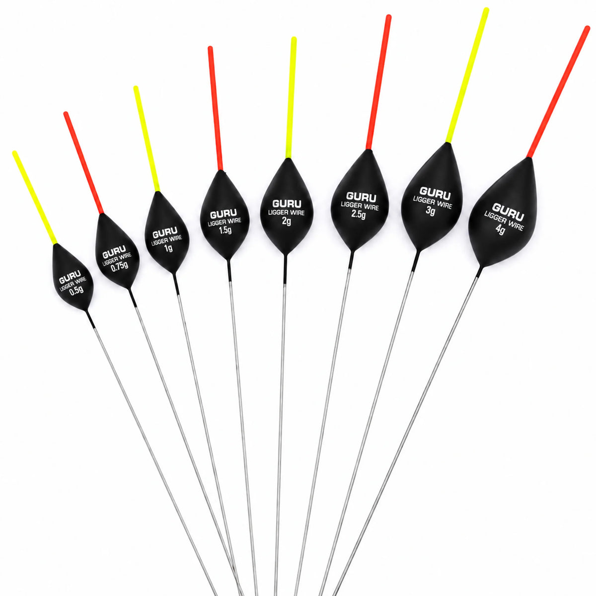 Guru Ligger Wire dobbers in acht gewichten van 0,5 tot 4 gram, rood en geel