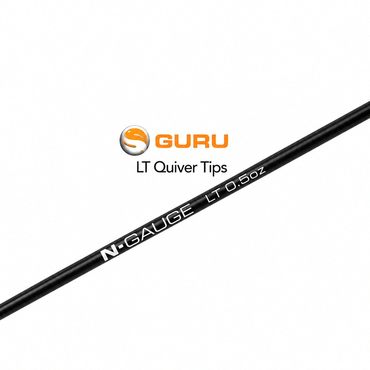Diagonale zwarte Guru N-Gauge LT-feedertop met 0.5oz-opdruk en Guru LT Quiver Tips-logo