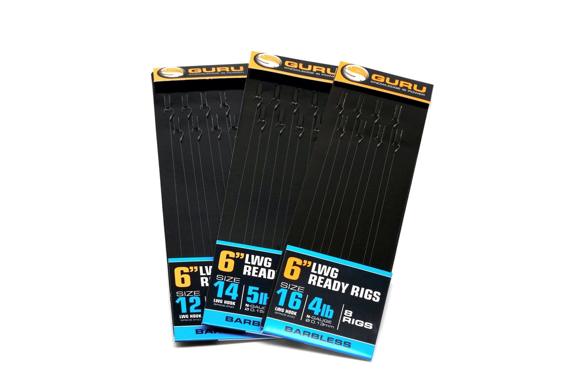 Guru LWG Ready Rigs 6 inch – originele assortimentfoto met maten 12, 14 en 16