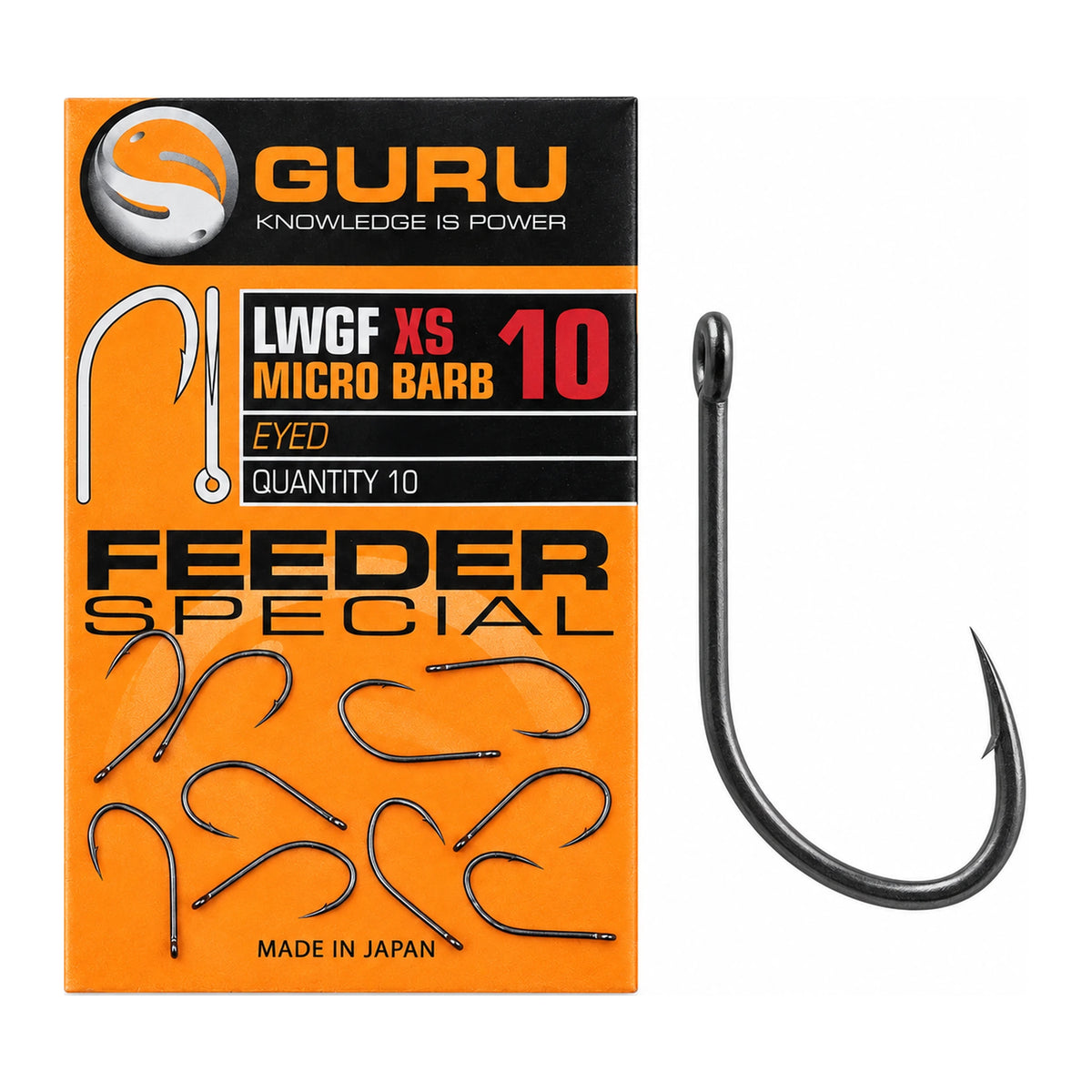 Guru LWGF XS Micro Barb Eyed haak maat 10 – verpakking en losse haak
