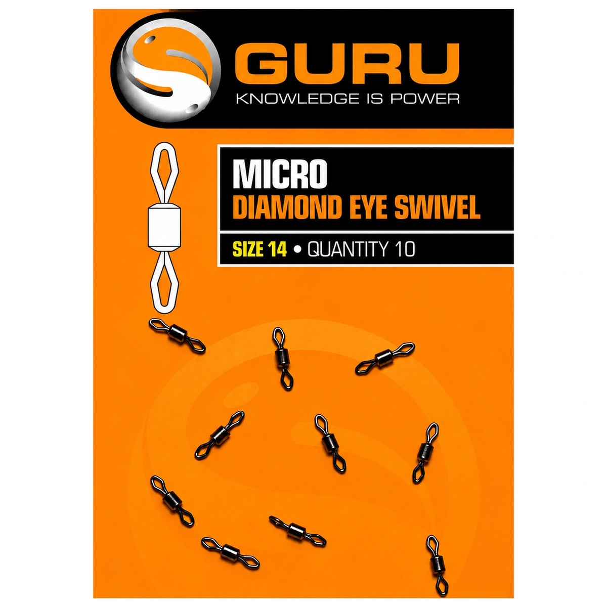 Oranje Guru-verpakking Micro Diamond Eye Swivel maat 14 met tien zwarte wartels en technische tekening