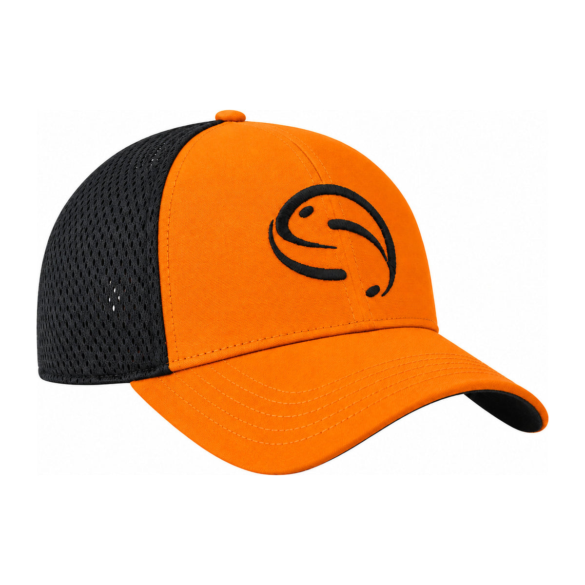 Guru Orange Trucker Cap met oranje klep, zwart geborduurd logo en zwarte meshpanelen
