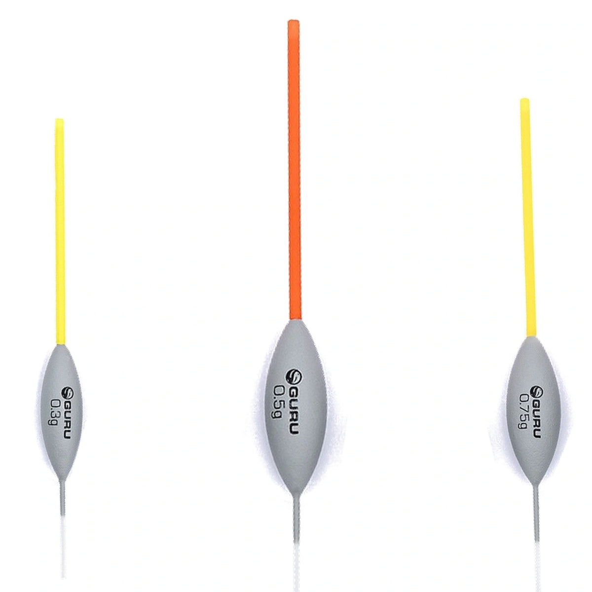 Drie Guru Paste Float-dobbers met lange rode en gele antennes, 0,3 g, 0,5 g en 0,75 g