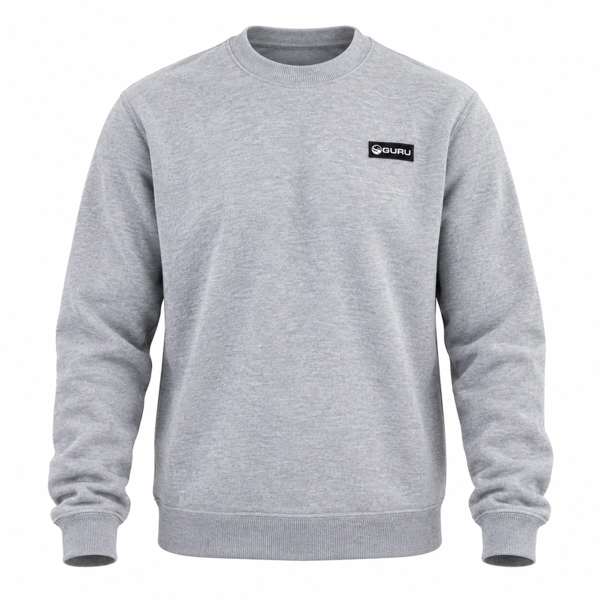 Guru Patch Crewneck Grey grijze sweater met ronde hals en zwarte Guru-borstpatch