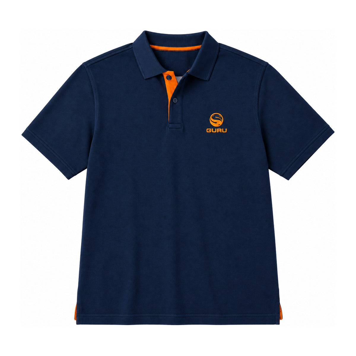 Guru Polo Navy/Orange – voorkant van het marineblauwe poloshirt met oranje details en Guru-borstlogo