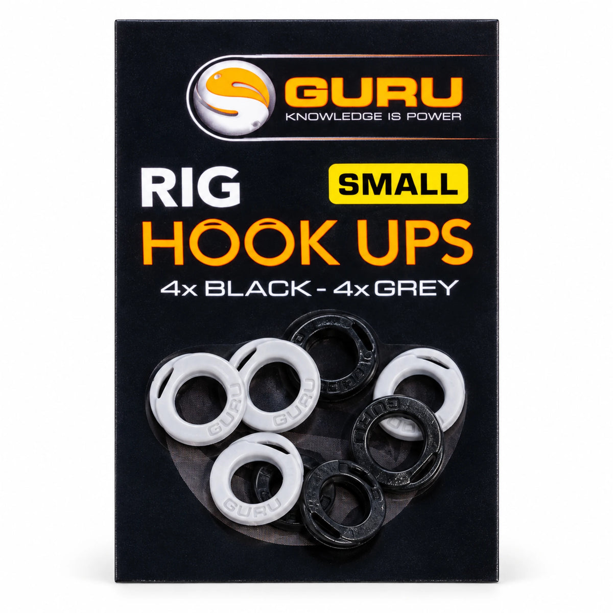 Guru Rig Hook Ups Small – verpakking met vier zwarte en vier grijze tuighouders