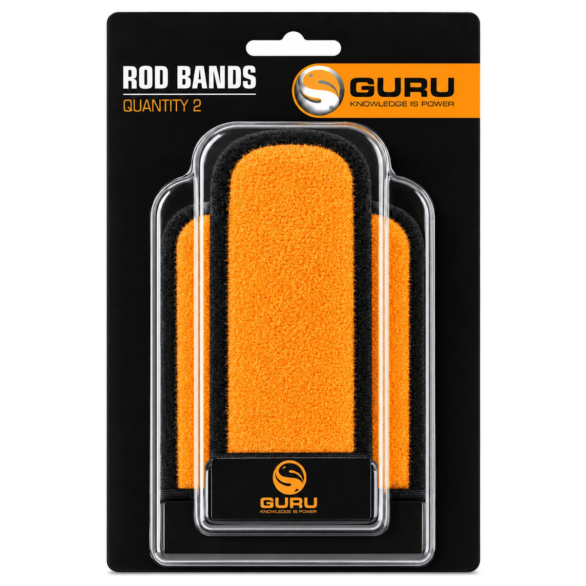Guru Rod Bands verpakking met twee oranje en zwarte neopreen hengelbanden
