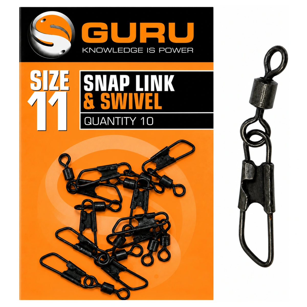 Guru Size 11 Snap Link & Swivel – tien speldwartels met detail van de sluiting