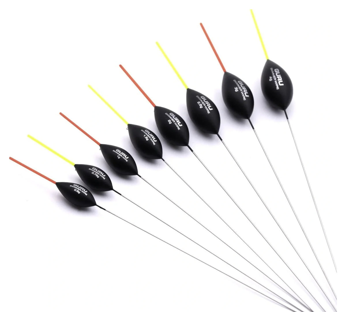 Guru Skimmer Wire dobbers in diagonale opstelling met rode en gele toppen